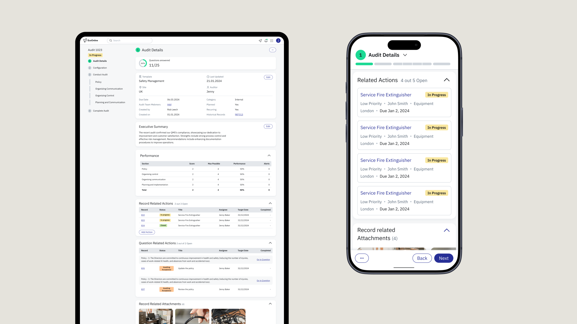 EcoEHS Audit — desktop and mobile audit details screens