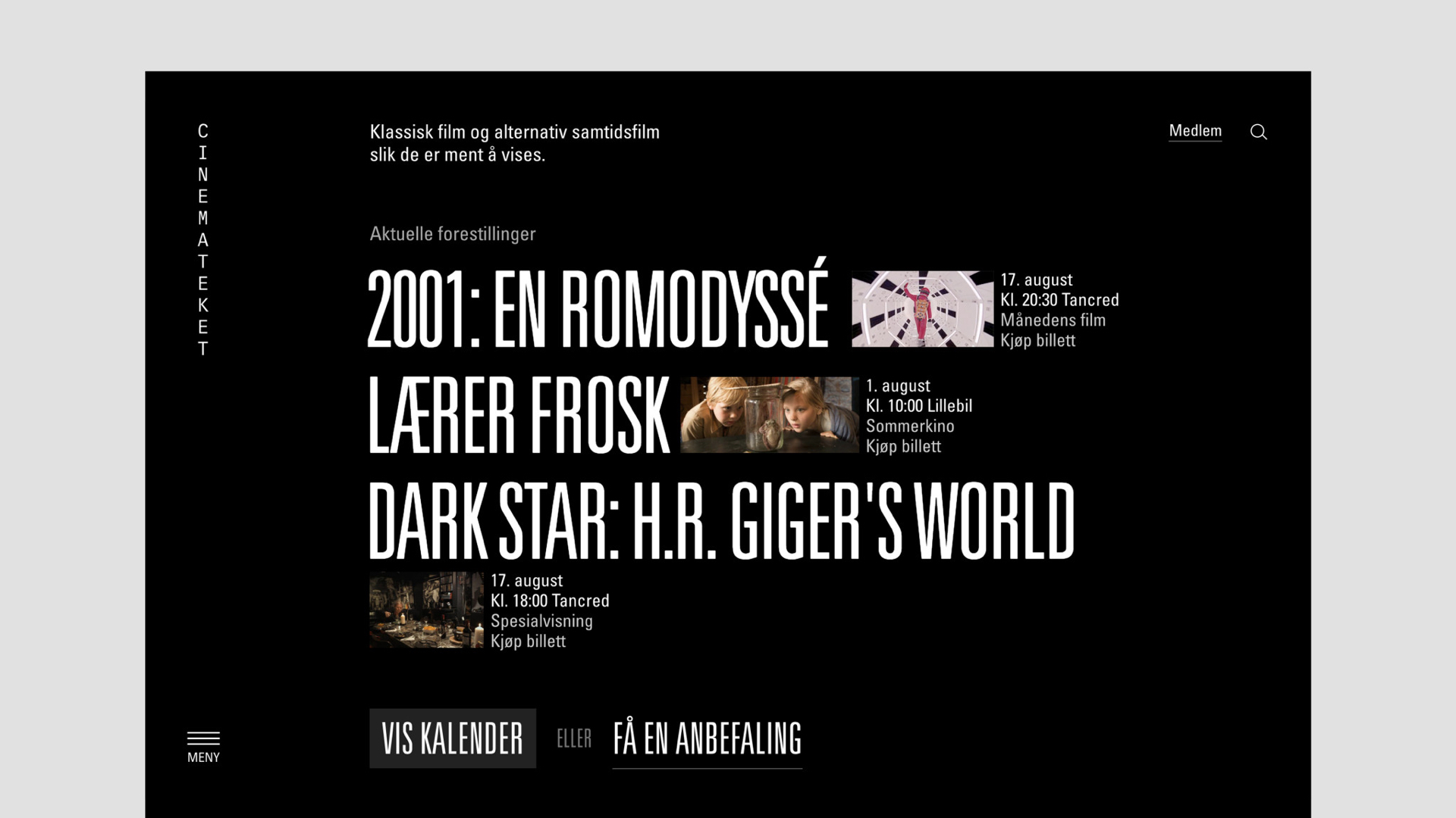 Cinemateket homepage with bold typography listing current screenings