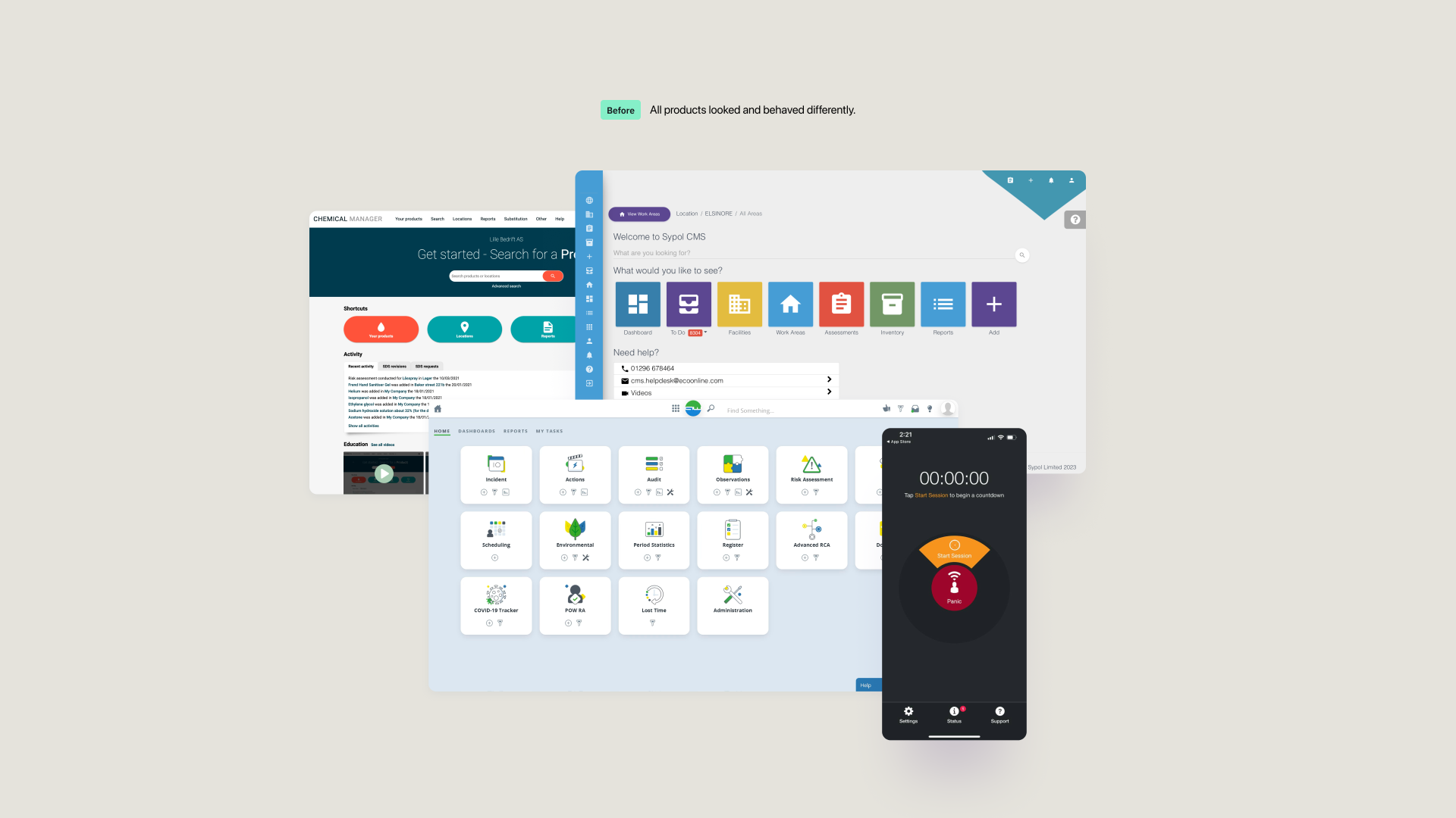 Before Prism — fragmented UIs across EcoOnline products