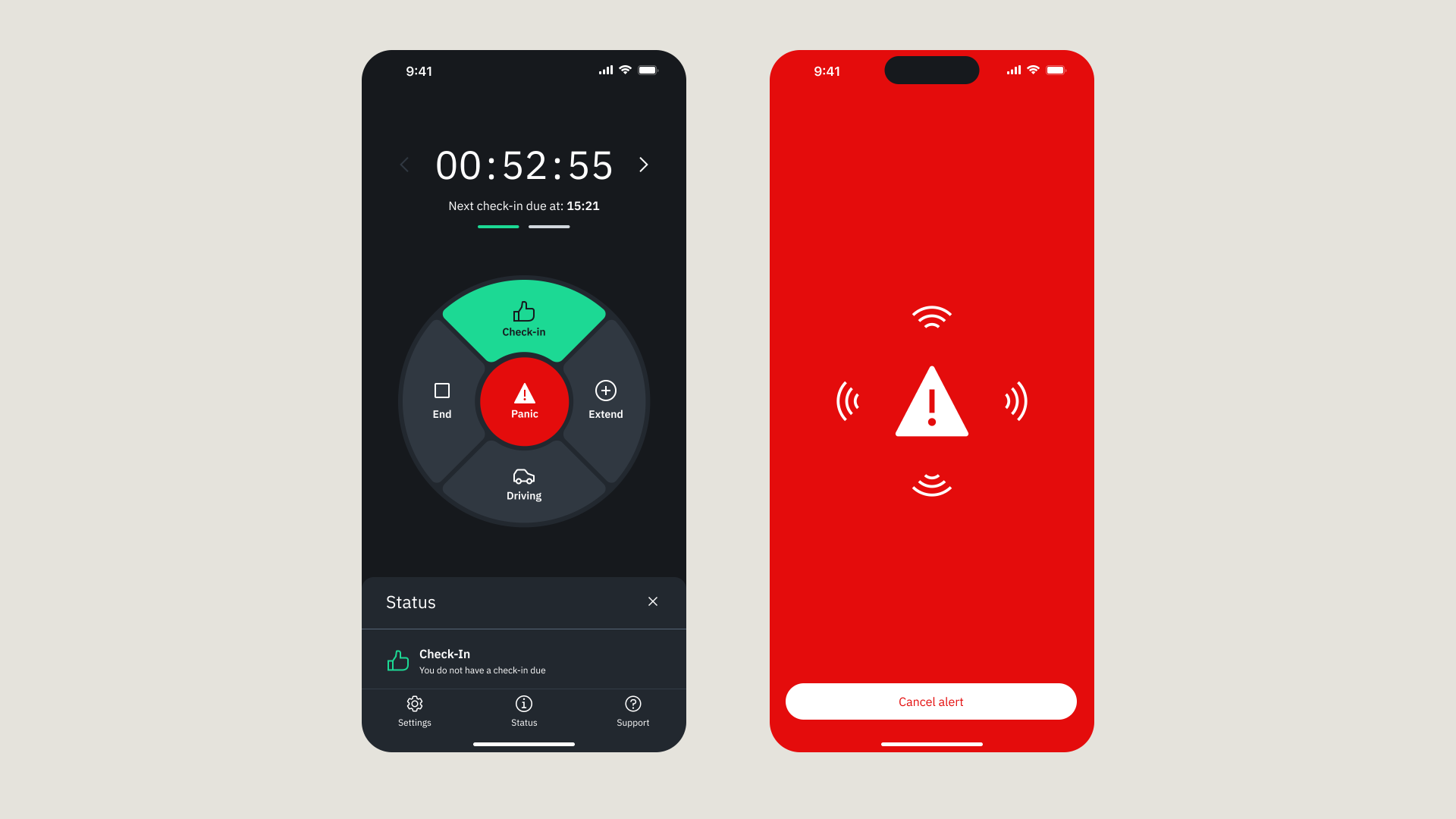 Lone Worker app — check-in dial and panic alert screens