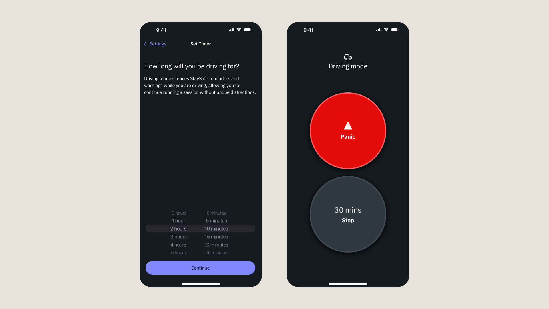 Lone Worker app — driving mode timer and active driving screen