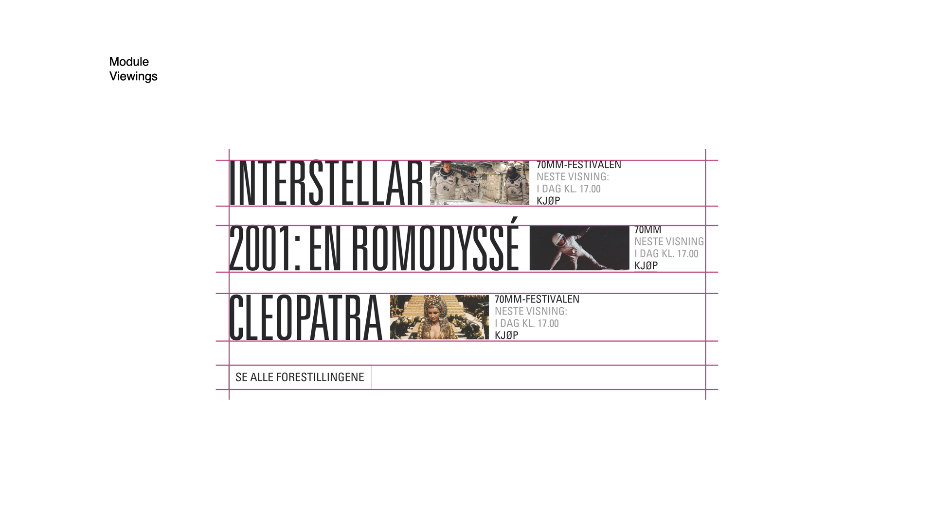 Viewings module — stacked film listings