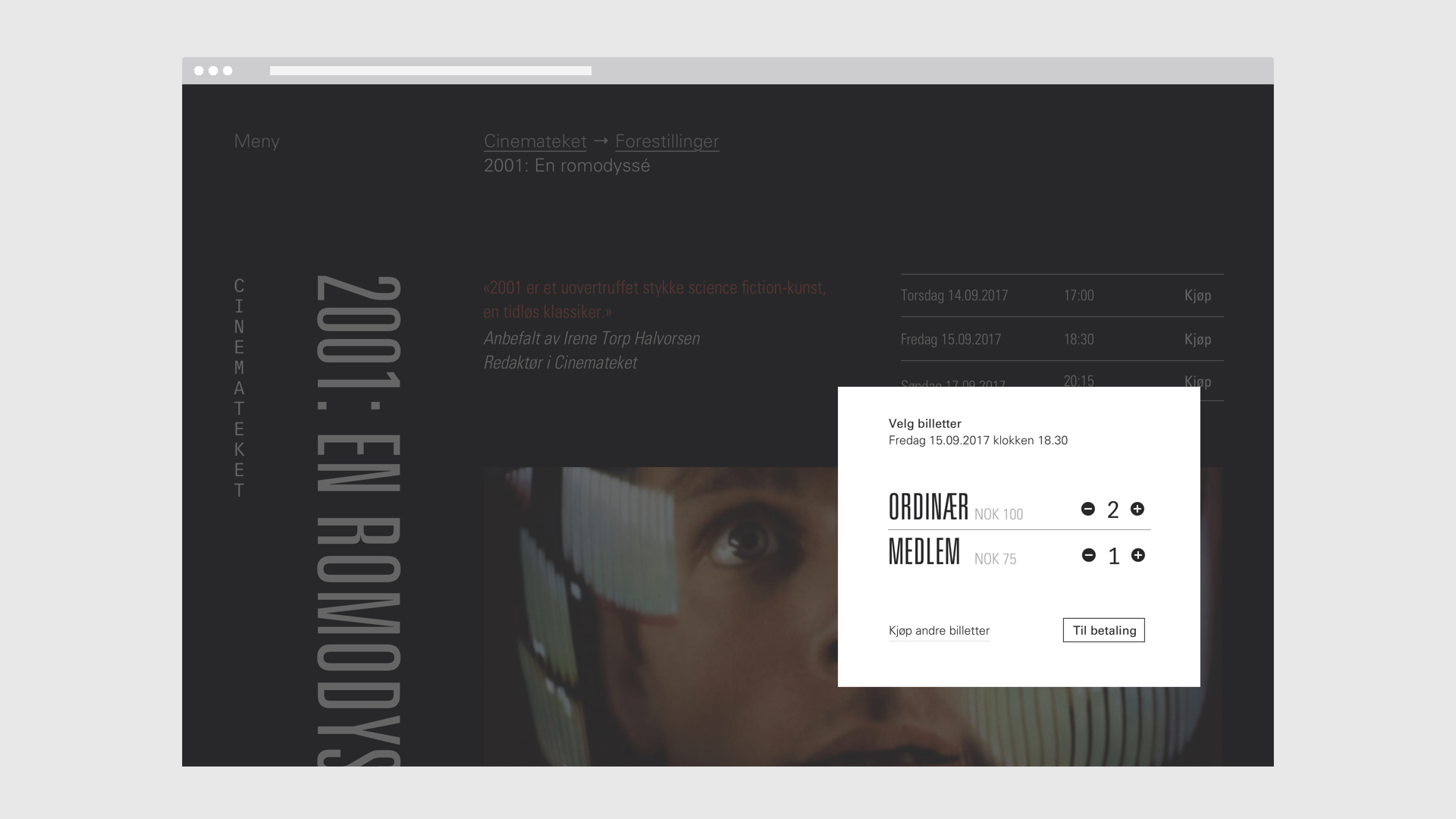 Film detail with ticket selection overlay
